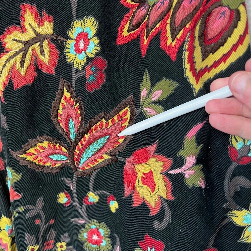 Megan Park‎ England Skirt Womens Corduroy Black Embroidered Boho Floral Y2K